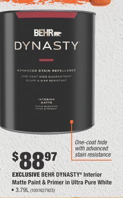 Home Depot Behr dynasty interior matte paint & primer in ultra pure white offer