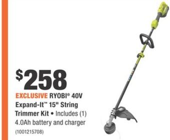 Home Depot Ryobi® 40v expand-it™ 15 string trimmer kit offer