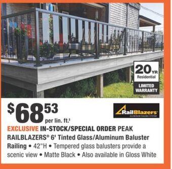 Home Depot Peak railblazers® 6' tinted glass/aluminum baluster railing offer