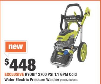 Home Depot Ryobi® 2700 psi 1.1 gpm cold water electric pressure washer offer