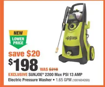 Home Depot Sunjoe® 2200 max psi 13 amp electric pressure washer offer
