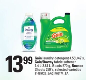 Zehrs Markets Gain laundry detergent, 4.55l/42's, gain/downy fabric softener, 1.4 l-3.81 l, beads 570 g, bounce sheets 250's offer