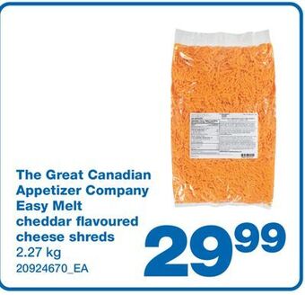 Wholesale Club The great canadian appetizer company easy melt cheddar flavoured cheese shreds, 2.27 kg offer