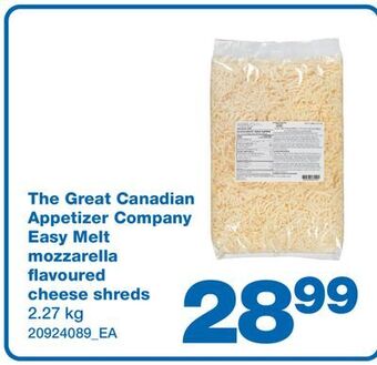 Wholesale Club The great canadian appetizer company easy melt mozzarella flavoured cheese shreds, 2.27 kg offer
