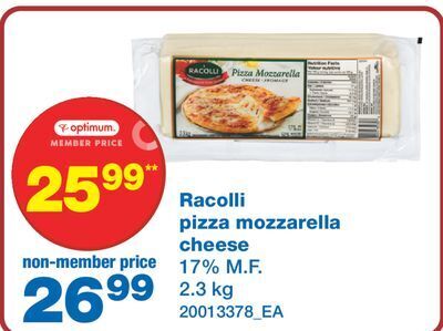 Wholesale Club Racolli pizza mozzarella cheese, 2.3 kg offer