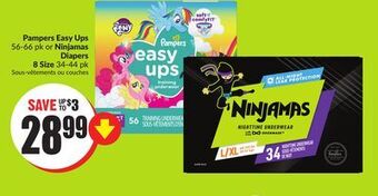 Chalo FreshCo Pampers easy ups 56-66 pk or ninjamas diapers 8 size 34-44 pk offer