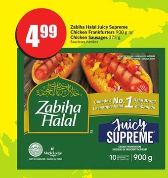 Chalo FreshCo Zabiha halal juicy supreme chicken frankfurters 900 g or chicken sausages 375 g offer