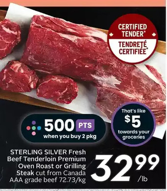 Sobeys Sterling silver fresh beef tenderloin premium oven roast or grilling steak offer