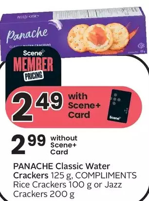 Sobeys Panache classic water crackers, compliments rice crackers or jazz crackers offer