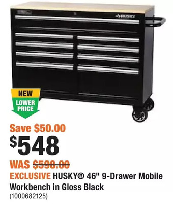 Home Depot Husky 46 9-drawer mobile workbench in gloss black offer