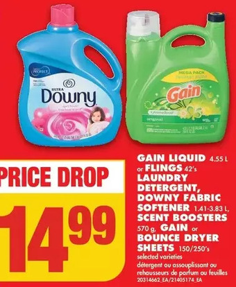 No Frills Gain liquid or flings laundry detergent, downy fabric softener, scent boosters, gain or bounce dryer sheets offer