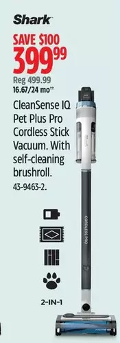Canadian Tire Shark cleansense iq pet plus pro cordless stick vacuum. with self-cleaning brushroll offer