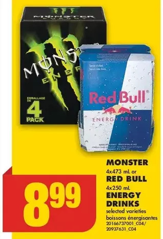 No Frills Monster or red bull energy drinks offer
