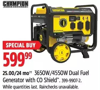 Canadian Tire Champion 3650w/4550w dual fuel generator with co shield offer