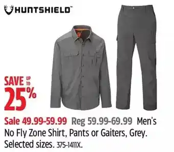 Canadian Tire Huntshield men's no fly zone shirt, pants or gaiters offer