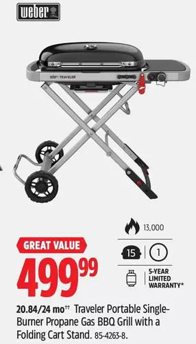 Canadian Tire Weber traveler portable single-burner propane gas bbq grill offer