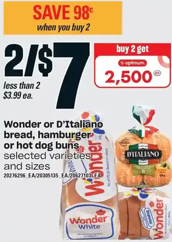 Loblaws Wonder or d'italiano bread, hamburger or hot dog buns offer