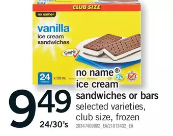 Fortinos No name ice cream sandwiches or bars offer