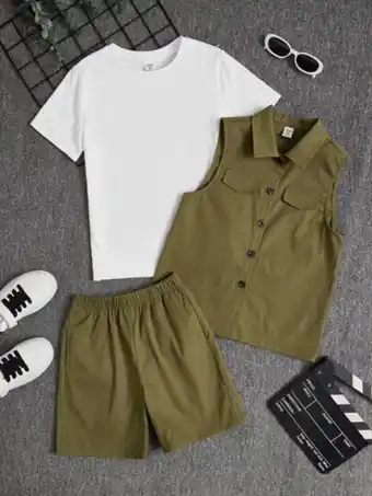 SheIn Shein boys solid tee & flap detail shirt & shorts offer