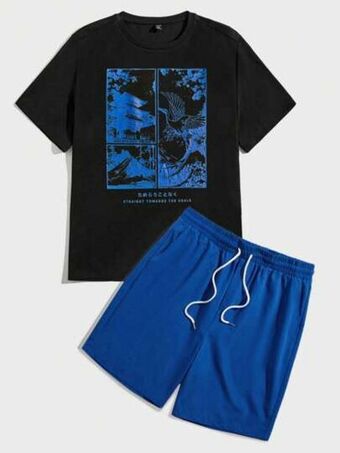 SheIn Extended sizes men crane & slogan graphic tee & shorts offer