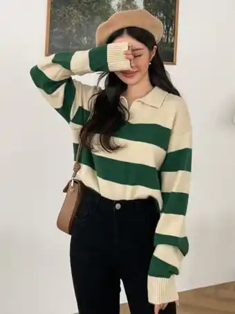 SheIn Dazy striped pattern drop shoulder polo neck sweater offer