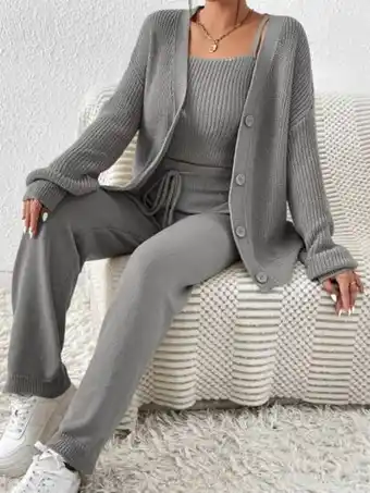 SheIn Shein unity drop shoulder cardigan & drawstring waist knit pants & cami knit top offer