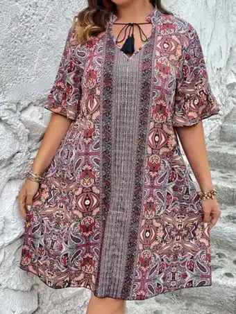 SheIn Plus paisley print tie neck flounce sleeve dress offer