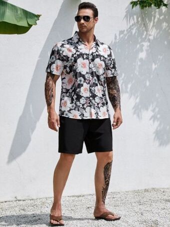 SheIn Extended sizes men floral print shirt & drawstring waist shorts offer