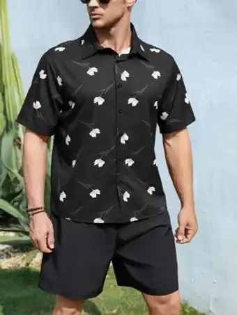 SheIn Extended sizes men floral print shirt & drawstring waist shorts offer