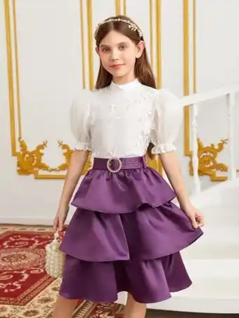 SheIn Shein girls 1pc floral embroidery puff sleeve top & 1pc layered skirt offer
