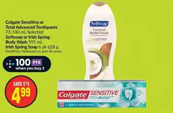 FreshCo Colgate sensitive or total advanced toothpaste | softsoap or irish spring body wash | irish spring soap offer
