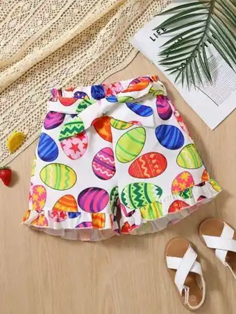 SheIn Shein toddler girls easter egg print ruffle hem shorts offer