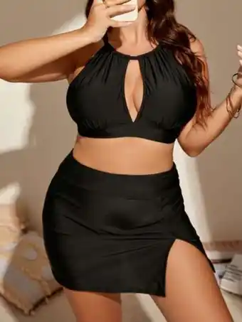 SheIn Shein plus cut out halter bikini top with beach skirt offer
