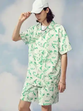 SheIn Shein men allover plants print shirt & drawstring waist shorts offer