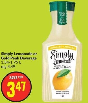 FreshCo Simply Lemonade or Gold Peak Beverage 1.54-1.75 L offer