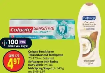 FreshCo Colgate Sensitive or Total Advanced Toothpaste 73-170 mL, Softsoap Irish Spring Soap 6 pk 540 g offer