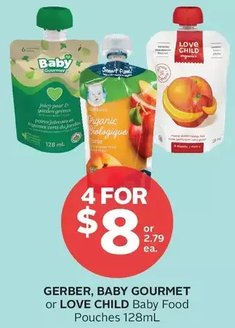 Rexall Gerber, baby gourmet or love child baby food pouches offer