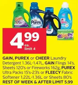 Rexall Gain, purex or cheer laundry detergent, gain flings, sheets or fireworks, purex ultra packs or fleecy fabric softener or shee offer