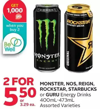 Rexall Monster, nos, reign, rockstar, starbucks or guru energy drinks offer