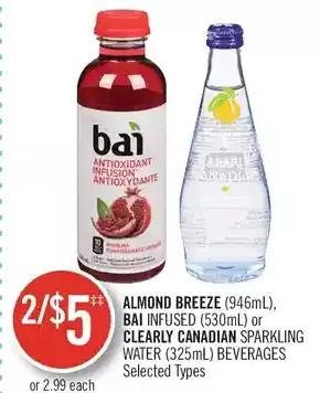 Shoppers Drug Mart Almond breeze, bai infused or clearly canadian sparkling water beverages offer