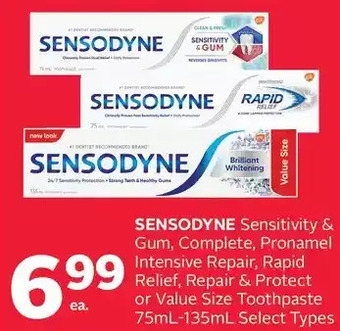 Rexall Sensodyne sensitivity & gum, complete, pronamel intensive repair, rapid relief, repair & protect or value size toothpaste offer