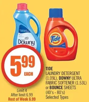 Shoppers Drug Mart Tide laundry detergent, downy ultra fabric softener or bounce sheets offer