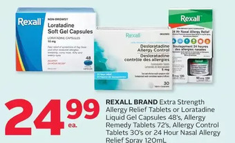 Rexall Rexall brand extra strength allergy relief tablets or loratadine liquid gel capsules, allergy remedy tablets, allergy control offer