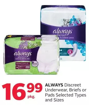 Rexall Always discreet underwear, briefs or pads offer