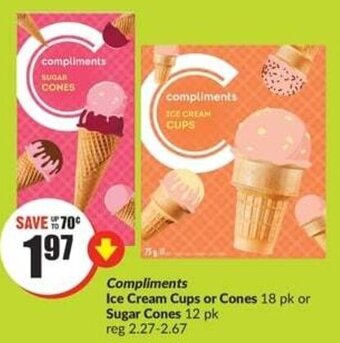 FreshCo Compliments Ice Cream Cups or Cones 18 pk or Sugar Cones 12 pk offer