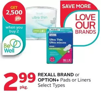 Rexall Rexall brand or option+ pads or liners offer