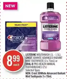 Shoppers Drug Mart Listerine mouthwash, crest 3dwhite advanced radiant mint toothpaste or oral-b pro-health manual toothbrushes offer