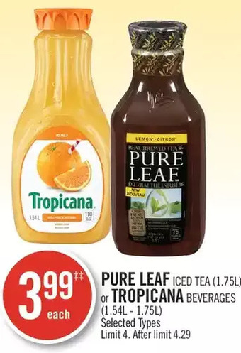 Shoppers Drug Mart Pure leaf iced tea or tropicana beverages offer
