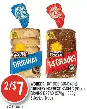 Shoppers Drug Mart Wonder hot dog buns, country harvest bagels or grains bread offer
