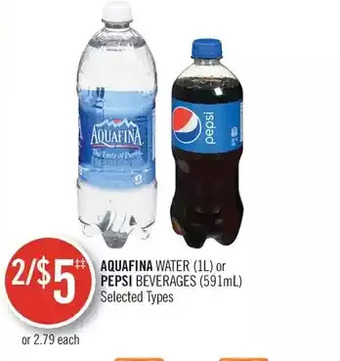 Shoppers Drug Mart Aquafina water or pepsi beverages offer